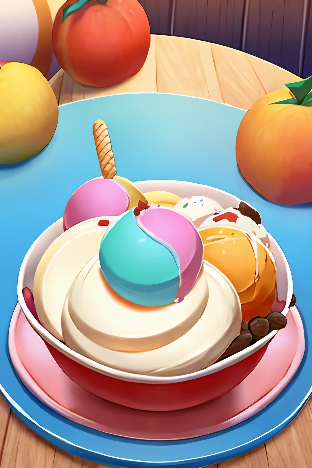 One scoop of ice cream, perfectly round, surrounded by a bowl of fruit.