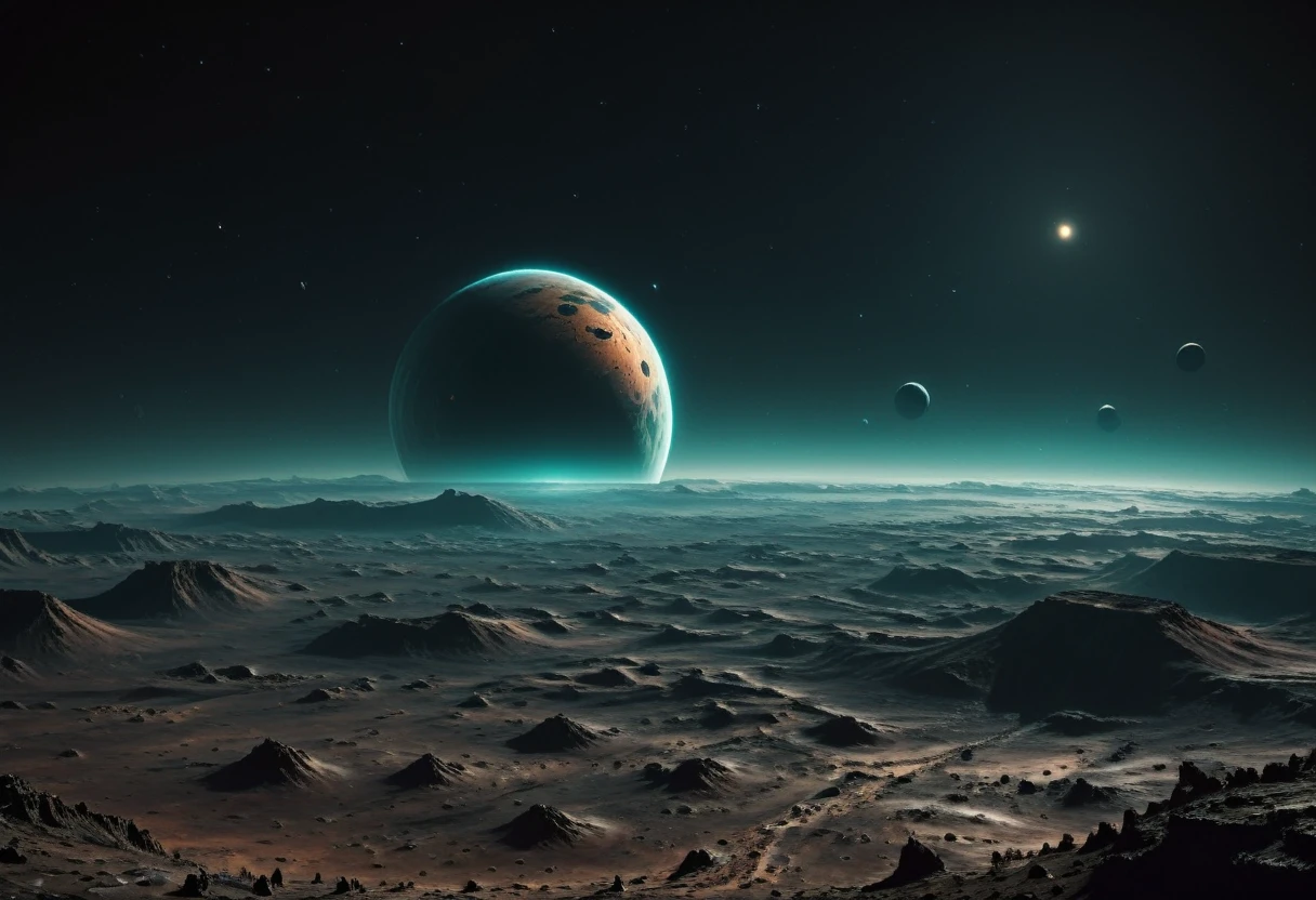 create a vision of a planet with an uneven surface with deep craters on the surface, sky with night space and dense polished copper colored atmosphere, surreal image, has a single planet seen from the surface in the sky through the dense, dark atmospher, the planet is immense and is setting on the horizon, cyberpunk style at night in the distance, has a wide, space is dark and you can only see the silhouette of one side of the planet through the dense atmosphere, Total dark, dark horizon, penumbra, as realistic as possible, ambient light.
