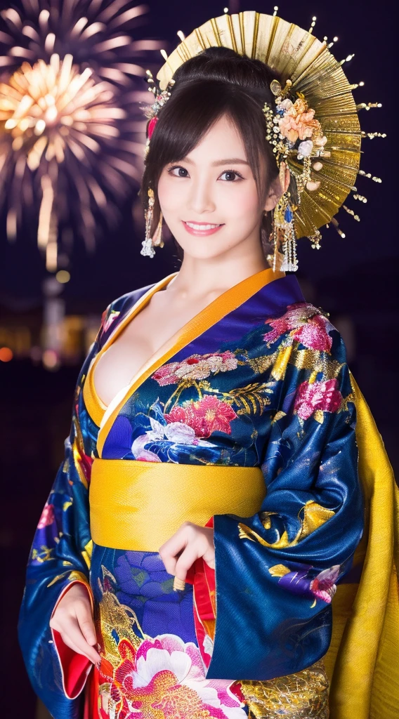 ((masterpiece(:1.4),Highest quality,Ultra-high resolution,Highest quality,8k,Extremely detailed,In detail))。night,Fireworks display,Japanese,A beautiful woman,Big Breasts,Flashy courtesan makeup,Long-sleeved kimono,Hair tying,hair ornaments,smoke tube,geta,Gorgeous and luxurious,(Fireworks displayのnightに河川敷で花火を背景にしたスナップ写真),Hyper Quality
