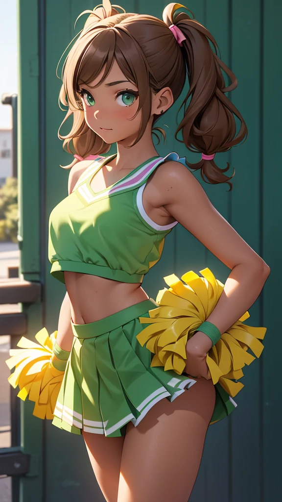 (masterpiece), (4k), )vivid colors), (evening light) 12-year-old woman with very tanned skin, green eyes, with wavy brown hair ((2 long high pigtails)) dressed in a ((sexy cheerleader costume, skirt and low-cut top))