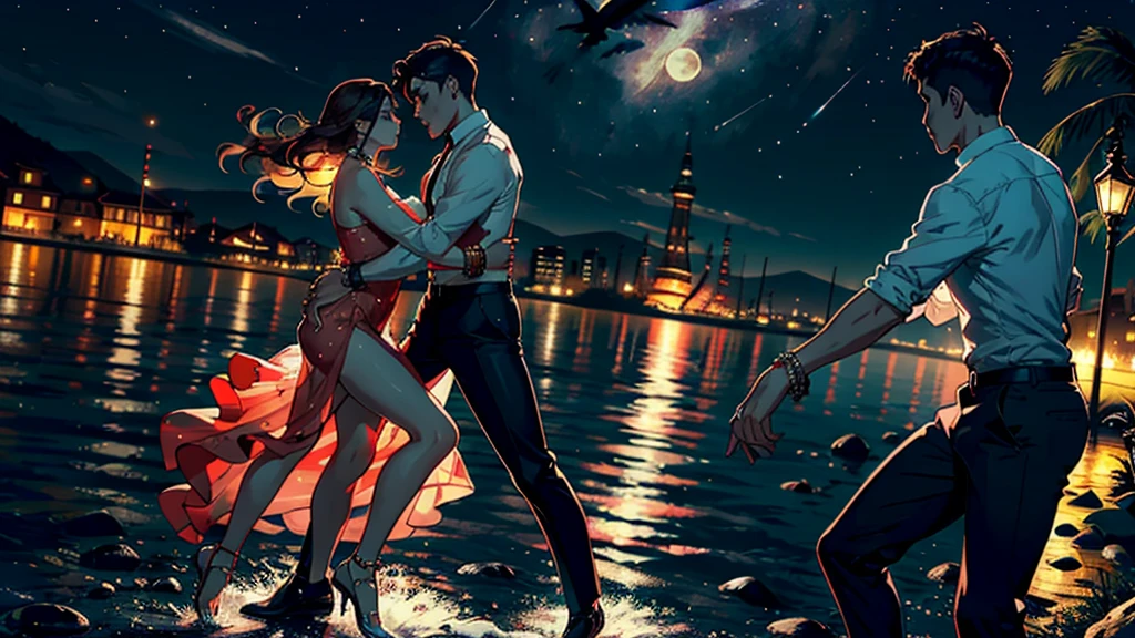 a masterpiece, stunning detail, an action shot, low angle, (top quality)), ((masterpiece)), a long hair girl, transparent long red dress, dance tango with a man, lamps, brown hair, shirt, black hair, 1boy, cleavage, jewelry, tango, hetero, multiple couples, pants, looking at another, bracelet, transparent dress, ,outdoors, full moon, strong wind, outdoors, full body, starry sky, at sea,,outdoors,(tango:1.2)