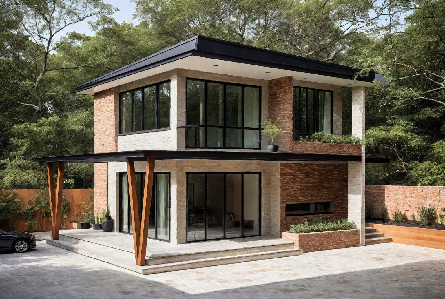 Modern house design, primary materials raw brick, split stone, multi-format stone, sleek architecture, large windows, minimalist interior, open floor plan, natural textures, earthy tones, clean lines, contemporary style.