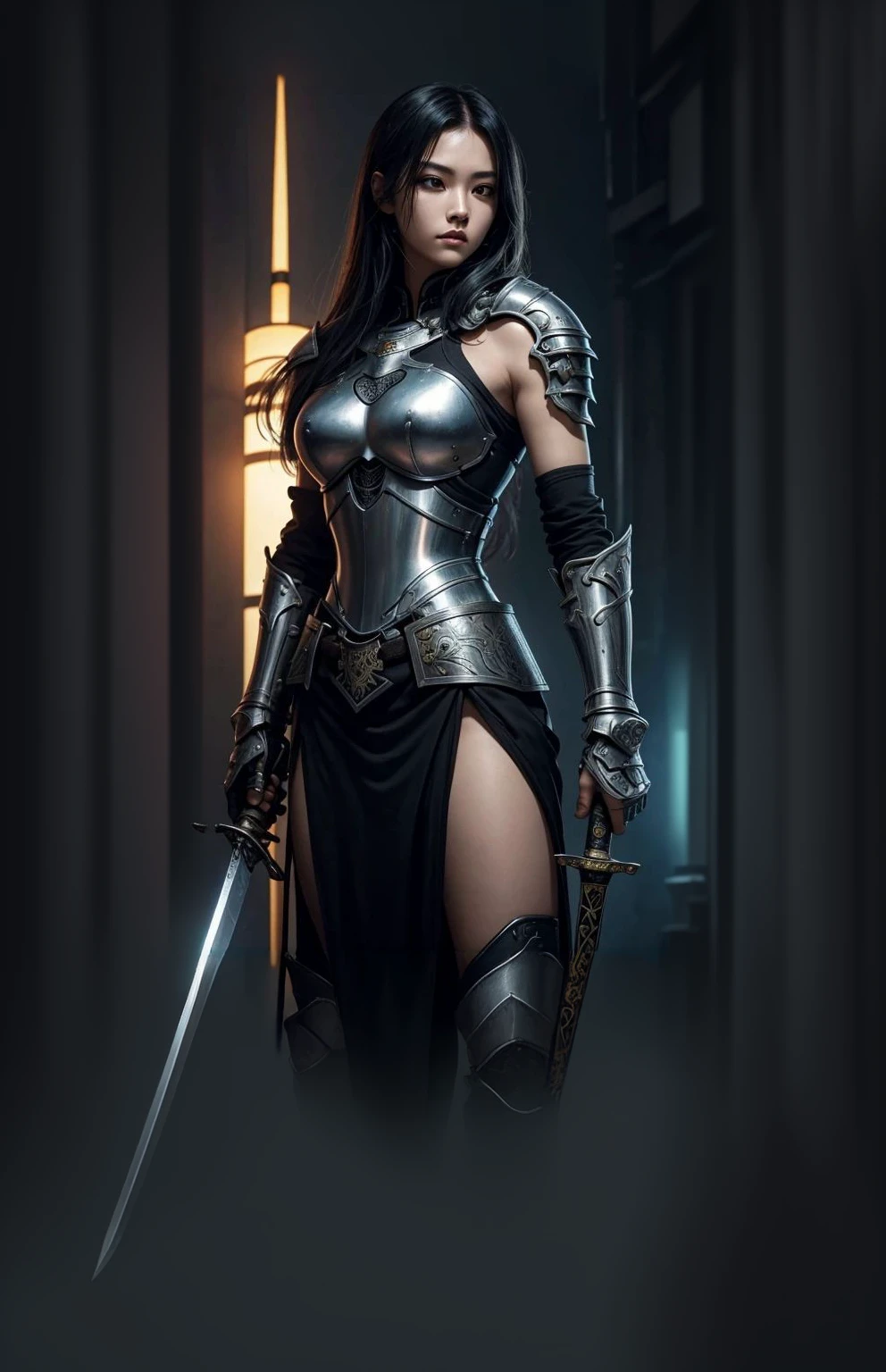 a close up of a female Knight with a sword and a panther tattoo on her arm, very beautiful cyberpunk Knight, a beautiful woman warrior, she is holding a long sword, beautiful female knight, beautiful character painting, chinese knight, knight girl, holding a long sword on her shoulder, japanese knight, female knight, ornate korean polearm behind her, cyberpunk knighthood
