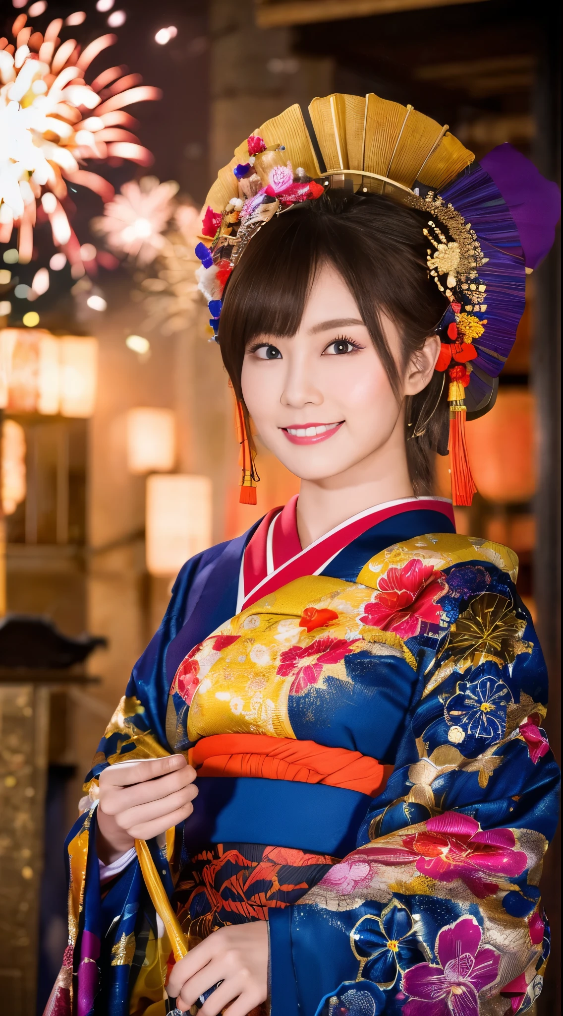 ((masterpiece(:1.4),Highest quality,Ultra-high resolution,Highest quality,8k,Extremely detailed,In detail))。night,Fireworks display,Japanese,A beautiful woman,Oiran Makeup,Long-sleeved kimono,Hair tying,hair ornaments,smoke tube,geta,Gorgeous and luxurious,(Fireworks displayのnightに河川敷で花火を背景にしたスナップ写真),Hyper Quality