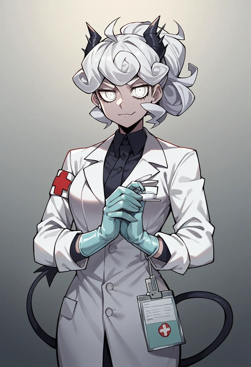 1girl, pandemonica \(helltaker\), ((blue medical gloves)), ((surgical gloves)), ((latex gloves)), ((long sleeves)), looking at viewer, ((white doctor outfit)), standing, solo
