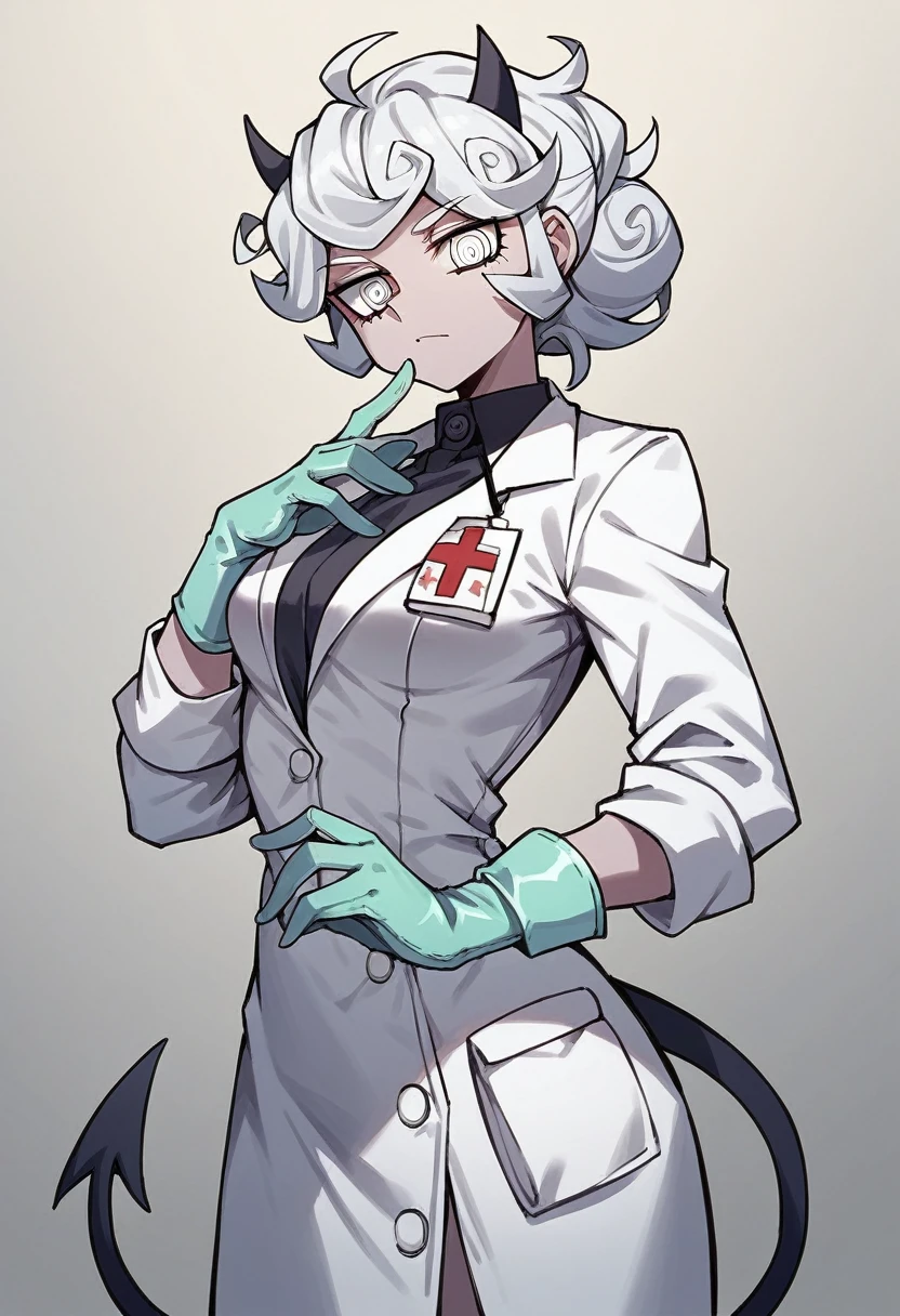 1girl, pandemonica \(helltaker\), ((blue medical gloves)), ((surgical gloves)), ((latex gloves)), ((long sleeves)), looking at viewer, ((white doctor outfit)), standing, solo
