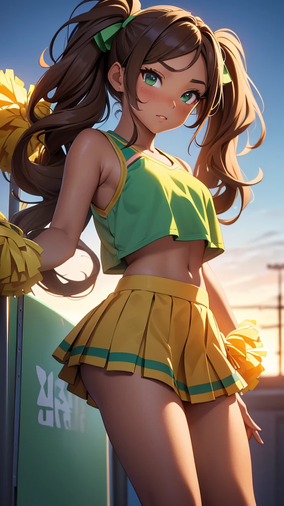 (masterpiece), (4k), )vivid colors), (evening light) 12-year-old woman with very tanned skin, green eyes, with wavy brown hair (( long high pigtails)) dressed in a ((sexy cheerleader costume, skirt and low-cut top))