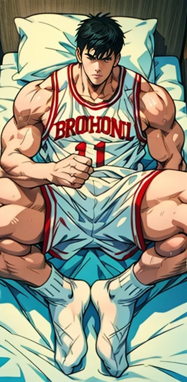 Wearing basketball uniform,Lying on a pure white bed,Wearing white socks,Broad shoulders ,Very strong, muscular,Men, Muscle Man,Clean face,full-body shot,Messy mess on the bed