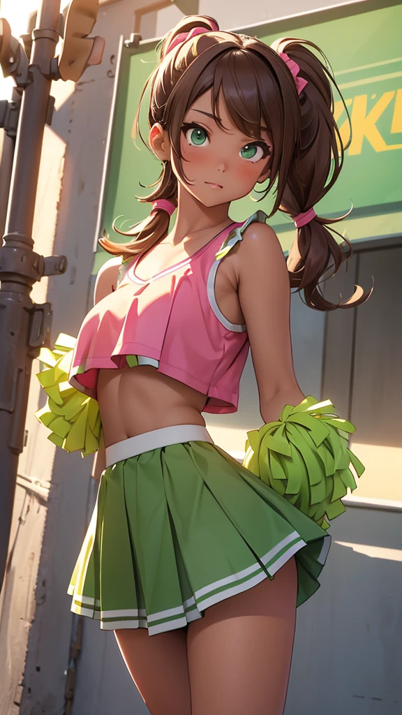 (masterpiece), (4k), )vivid colors), (evening light) 12-year-old woman with very tanned skin, green eyes, with wavy brown hair (( long high pigtails)) dressed in a ((sexy cheerleader costume, skirt and low-cut top))