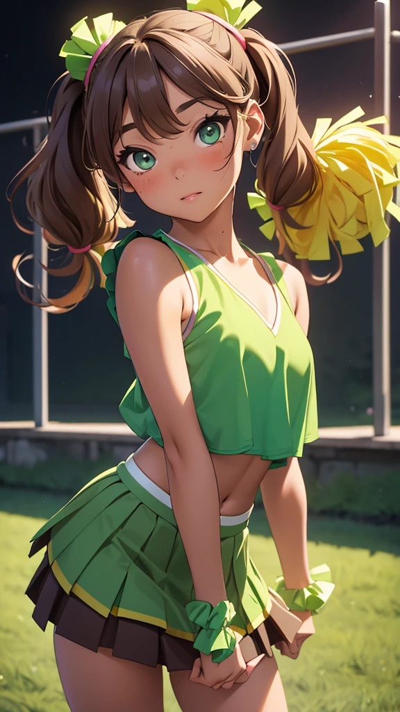 (masterpiece), (4k), )vivid colors), (evening light) 12-year-old woman with very tanned skin, green eyes, with wavy brown hair (( long high pigtails)) dressed in a ((sexy cheerleader costume, skirt and low-cut top))