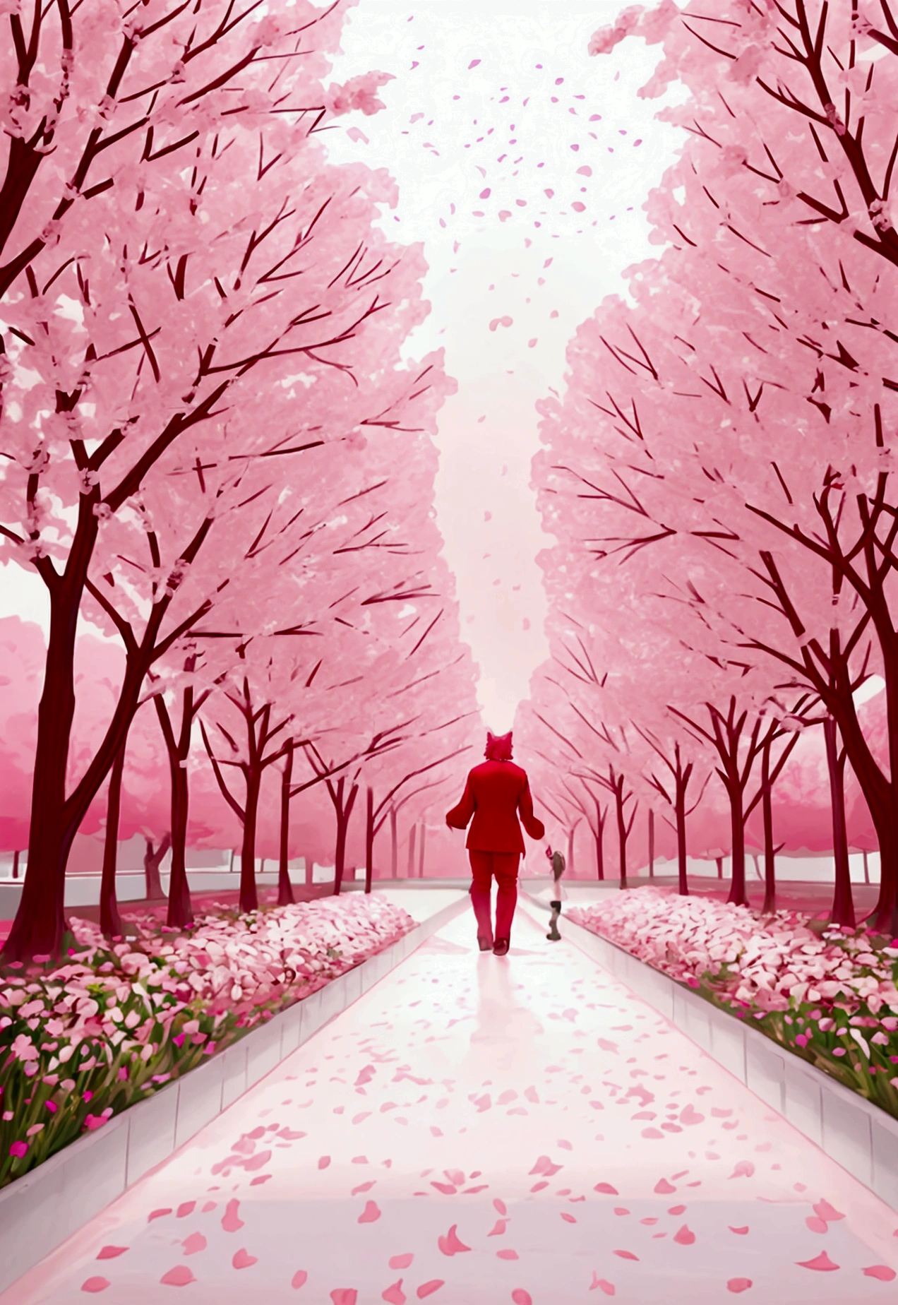 (highest quality, 32K resolution, High resolution, Super detailed, Realistic, Finely drawn details), Unreal Engine 5, Tokyo lighting, romantic motifs, Rose creation portal, Majestic background, Flower environment, beautiful landscape, flower bed on the floor, Wallpaper Aesthetic, E-commerce live room background,ultra-Realistic rendering, exquisite composition, Stunning wallpapers, Stunning images, LandscapeWallpaper Aesthetic, red background, red reflection, Rendering C4D, top quality, raw photo"Pure white cherry blossoms,pure white background,pink cherry blossoms,Bright cherry blossoms,1boy,Wolf,furry,tail,walking ahead