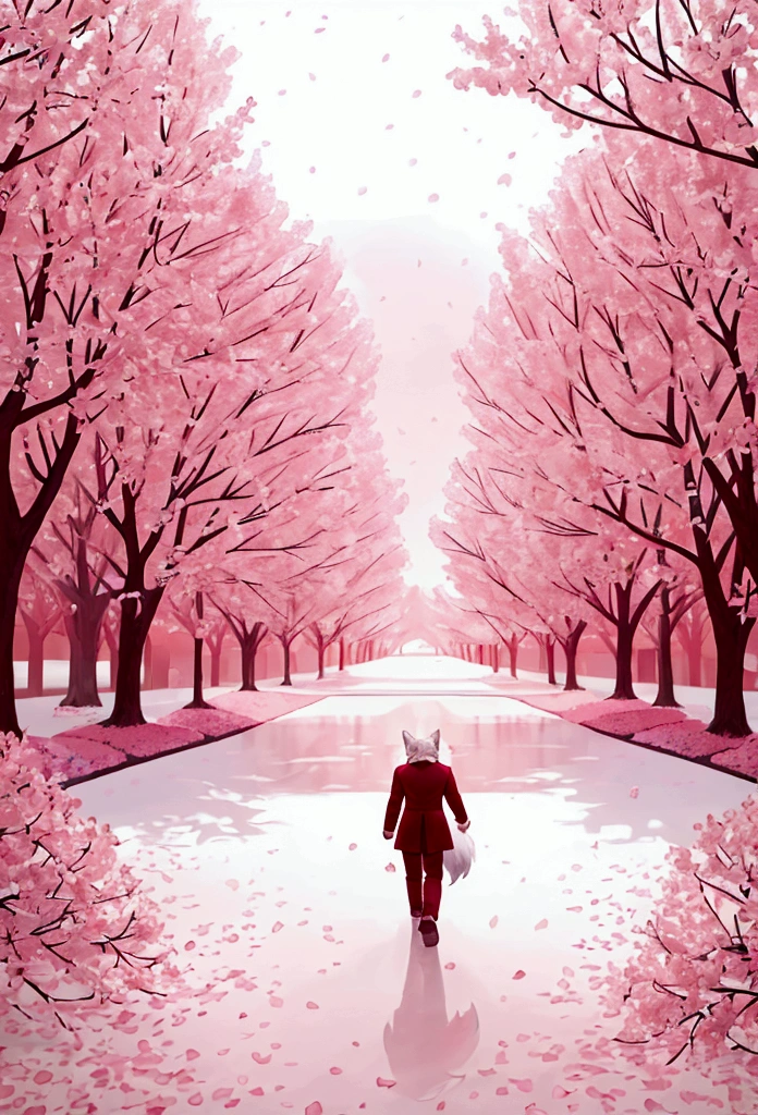 (highest quality, 32K resolution, High resolution, Super detailed, Realistic, Finely drawn details), Unreal Engine 5, Tokyo lighting, romantic motifs, Rose creation portal, Majestic background, Flower environment, beautiful landscape, flower bed on the floor, Wallpaper Aesthetic, E-commerce live room background，ultra-Realistic rendering, exquisite composition, Stunning wallpapers, Stunning images, LandscapeWallpaper Aesthetic, red background, red reflection, Rendering C4D, top quality, raw photo"Pure white cherry blossoms,pure white background,pink cherry blossoms,Bright cherry blossoms,1boy,Wolf,furry,tail,walking ahead