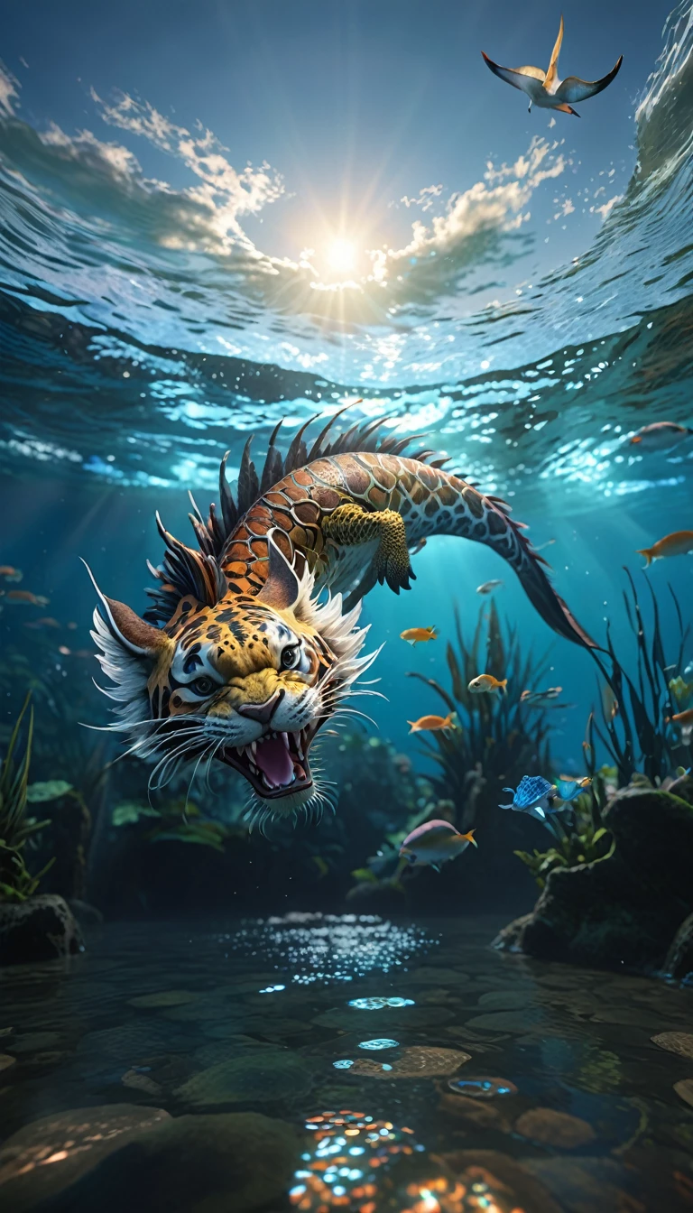水中有一种Fantasy Creatures(best quality,4K,8k,High level,masterpiece:1.2),Ultra Detailed,(lifelike,Photo real,Photo real:1.37),Highly detailed animals,Complex patterns,Realistic lighting,Fantasy Creatures