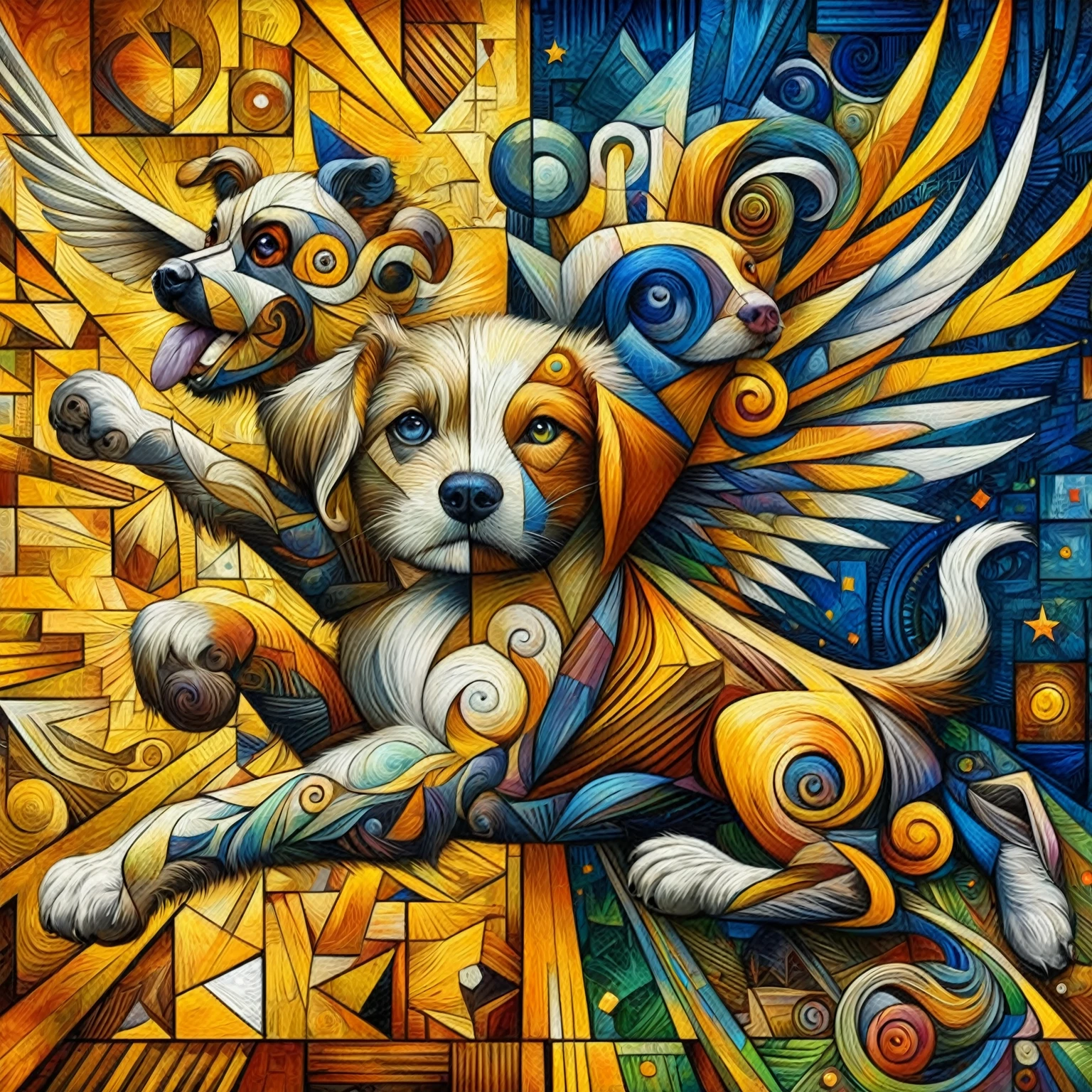 painting of a dog with wings and a bird on its back, dog like a god, intricate oil painting artwork, arte digital elaborada, Stunning works of art, synthetic cubism, detailed digital art, full of colors and rich detail, HD art, complex digital art, abstract surrealism masterpiece, cute dog painting, breathtaking art, high detailed digital art, high definition art, mesmerizing