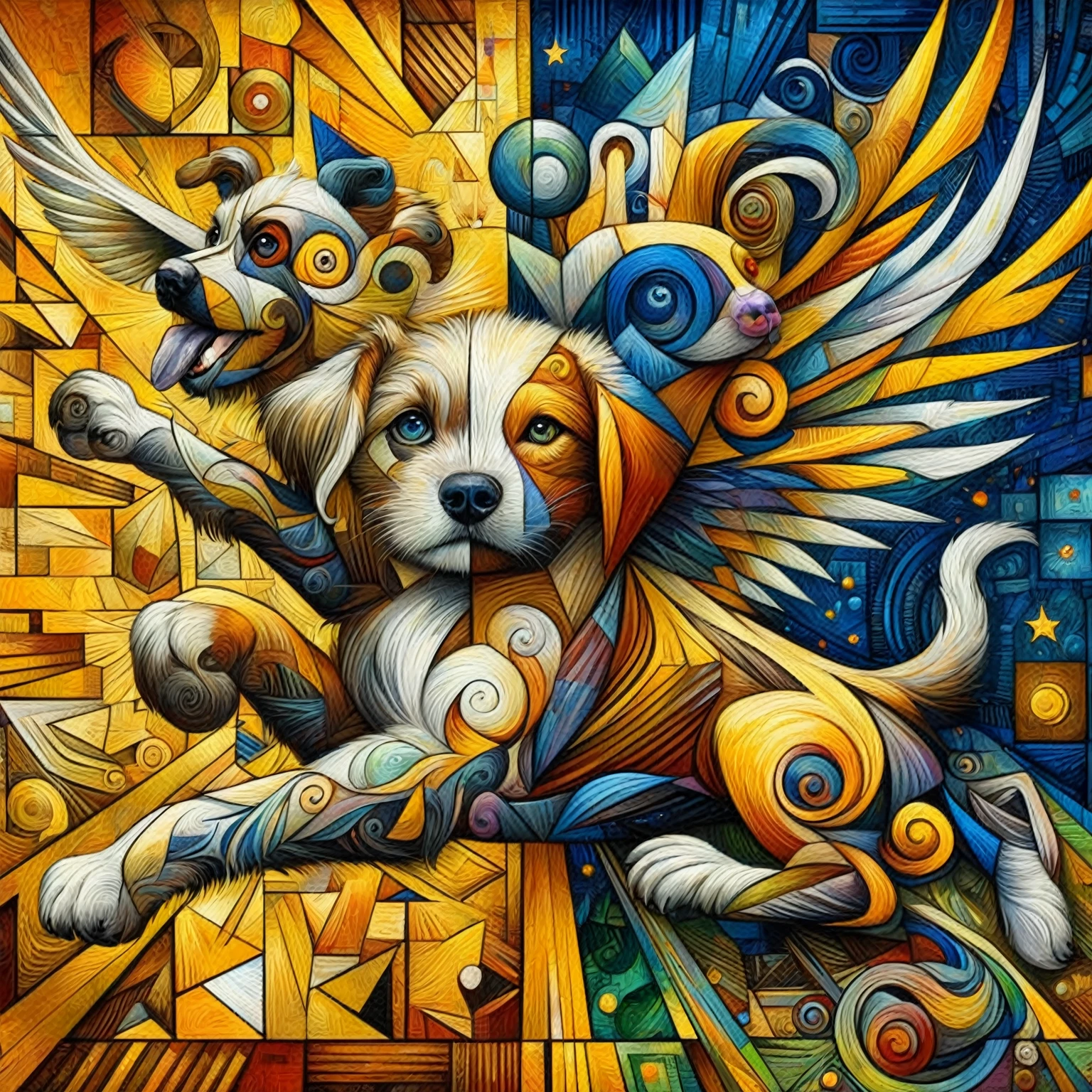 painting of a dog with wings and a bird on its back, dog like a god, intricate oil painting artwork, arte digital elaborada, Stunning works of art, synthetic cubism, detailed digital art, full of colors and rich detail, HD art, complex digital art, abstract surrealism masterpiece, cute dog painting, breathtaking art, high detailed digital art, high definition art, mesmerizing