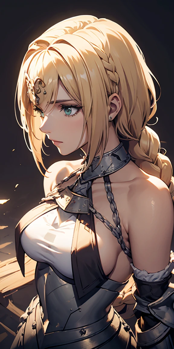 , Mulher Madura, elegante, cabelo loiro, olhos verdes, Curvilíneo, coroa, Ombro nu, tronco, Resolução 4k, alta qualidade, Hyperresolution,accuracy,Detailed rendering,(Subtle facial image)(Image of fine hair)(topquality)(Masterpieces of masters)(High degree of completeness)(A sense of atmosphere)tmasterpiece,Super detailed and super detailed(portrait), long blonde hair, (((twin braids)))(((ANKLE LENGTH HAIR))) (((Sakimichan))) (((blonde)))((Armor)) ((Halberd))) (((warrior)))(((TWIN HAIR BRAIDS)))(((jEANNE D'ARC)))