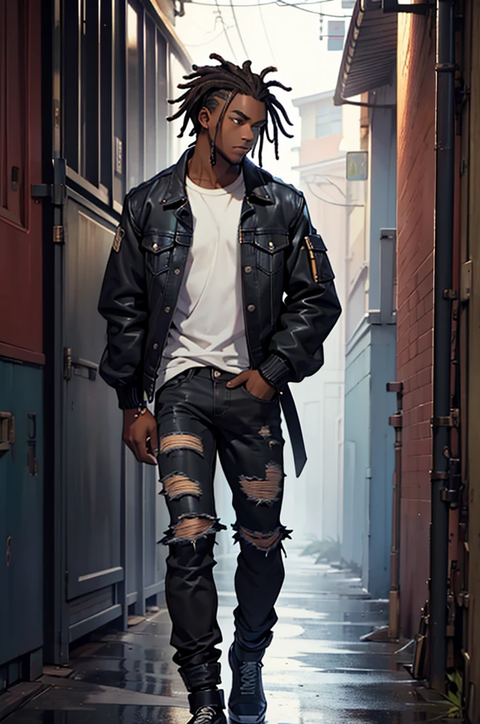 ((Best quality)), ((masterpiece)), top quality), standing alone, Dark skin, African-American, black dreads, short hair, wearing a black jean jacket, ripped jeans, male