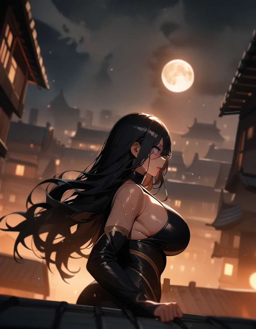 1girls,solo,super detailed skin,shiny skin,wet oily skin,serious face, deep detailed eyes,eyelashes,lips gloss,black hair,long hair,crossed bangs,large breasts,jumping ,black magic,wide shot,rooftop ,moon,from side,masterpiece,best quality,ultra detailed,high resolution,sharp focus,depth of field