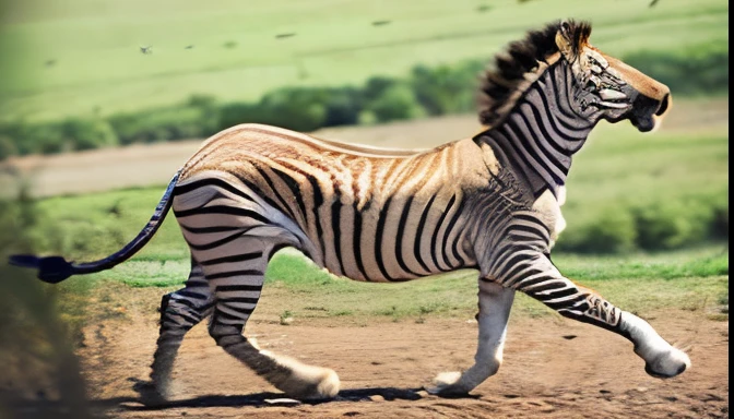A photo of a lion chasing a zebra