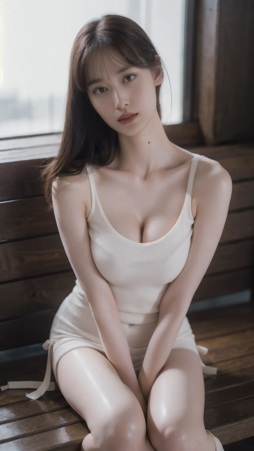 1girl, woman, masterpiece, best quality, highest quality, cinematic lighting, (volumetric lighting), extremely detailed CG unity 8k wallpaper, focused, 8k wallpaper, extremely detailed, ultra realistic, photorealistic, sharp focus, absurdres, (HDR:1.2), (high contrast), photograph, detailed and intricate, instagram, portrait, highly detailed, digital painting, artstation, concept art, smooth, sharp focus, illustration, cinematic lighting, (natural tight breast), (whole body:1.3), knit strap tank top, (sitting on a bench), (beautiful thighs), mini skirt, (full body), looking at the viewer, thighs, (HQ skin:1.4), (pale skin:1.7)