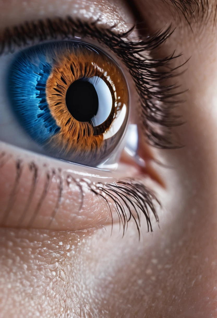 extreme closeup of an eye(1eye), only eye, super detailed, retina, pupil, cornea blue eye, blue light, sparkling, macro photography shot on canon eos 5d mark 3