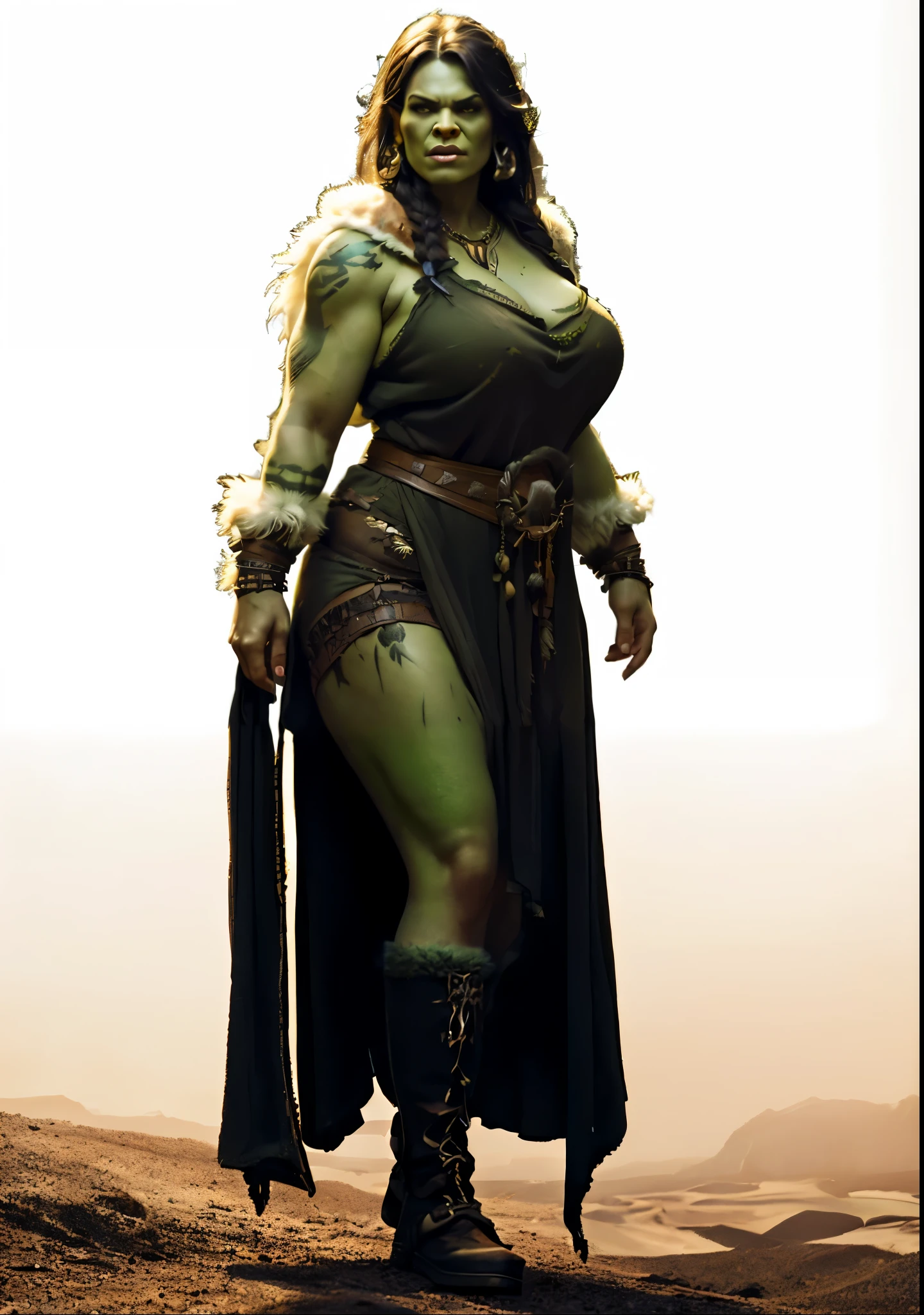 female orc, (green skin) , legs, wool and fur boots, tribal tattoos, big body, highly detailed, 4k, photorealistic, dramatic lighting, cinematic, fantasy art, ultra high quality, sharp Focus, orczor