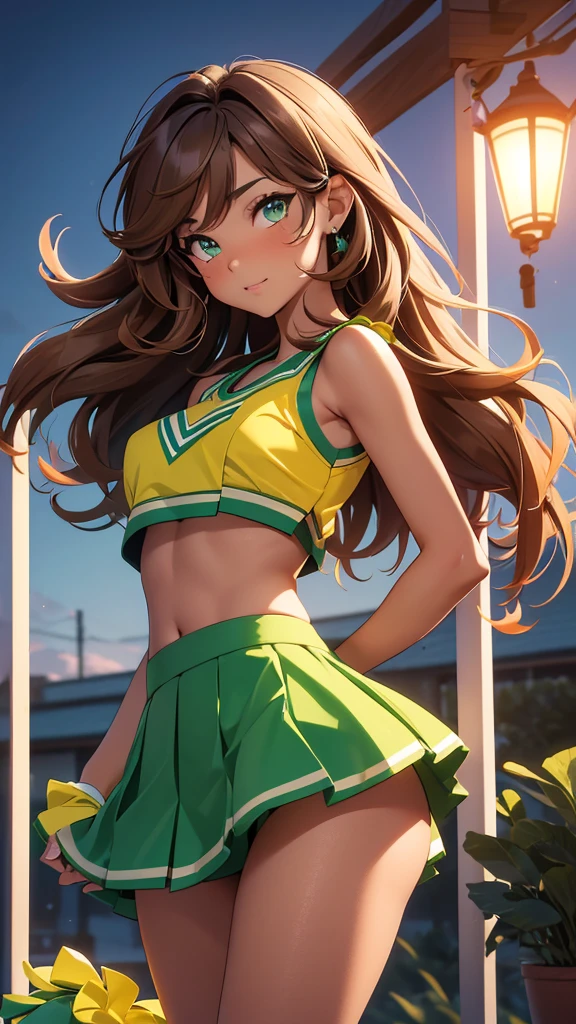(masterpiece), (4k), )vivid colors), (evening light) diva woman with very tanned skin, green eyes, with wavy brown hair (( wide high collection)) dressed in a ((sexy cheerleader costume, skirt and low-cut top))