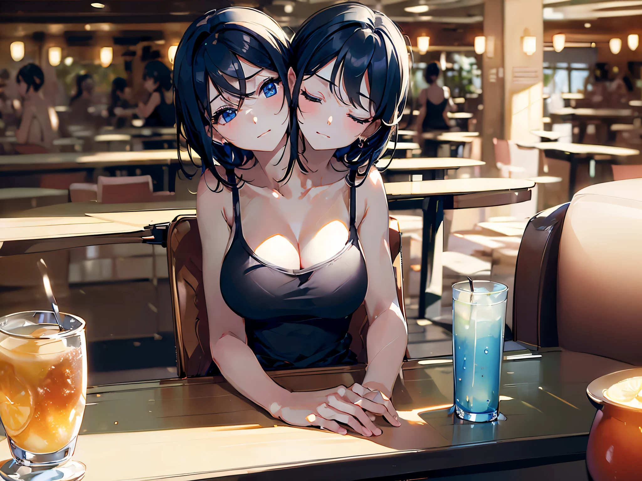 (masterpiece, best quality), best resolution, (2heads:1.5), 1girl, short black hair, eyes closed, blue eyes, tired, black tank top, sitting at a table with papers on it, library