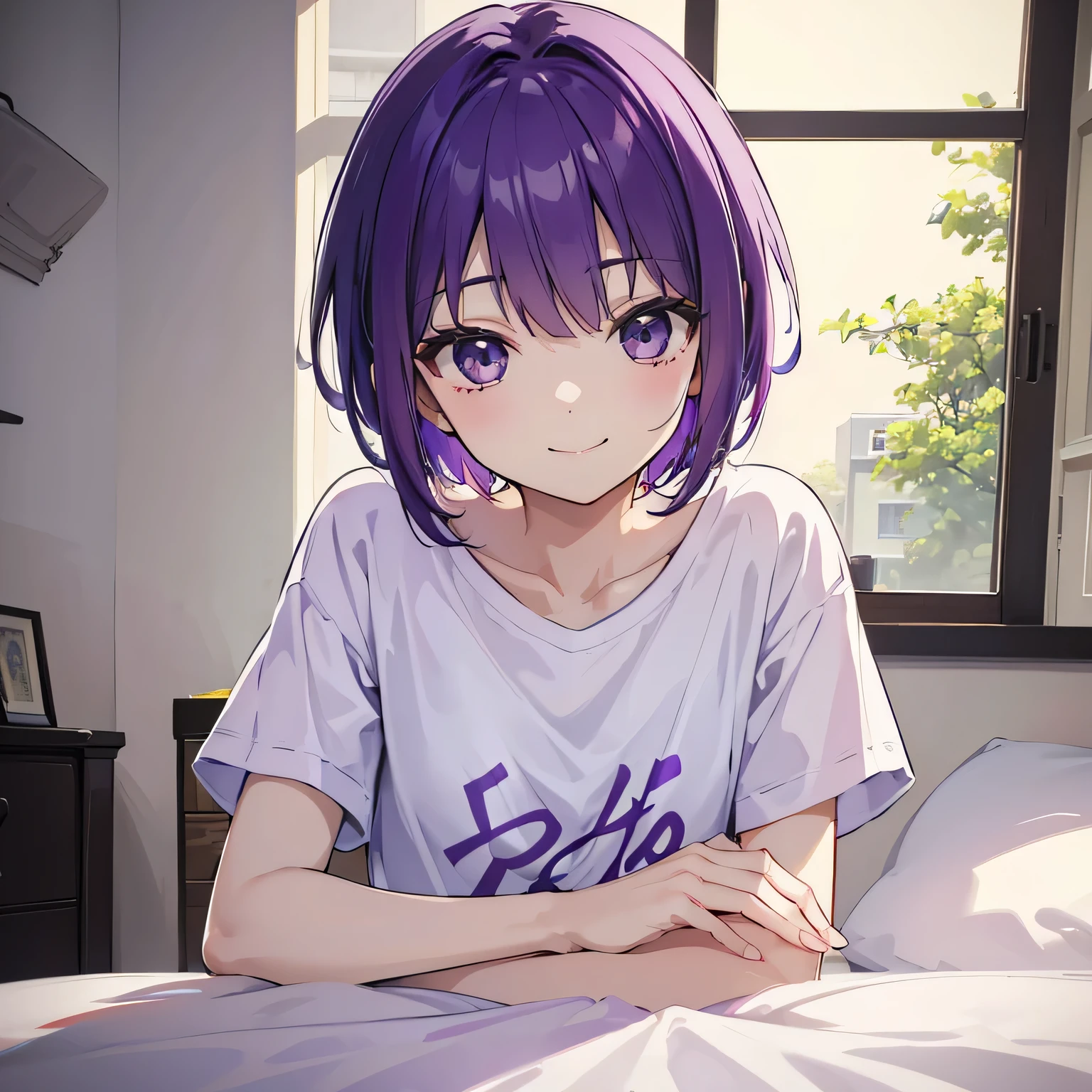 (T Masterpiece，4K wallpaper，Best Quality))、((girl１people))、(solo)、Bright and Brilliant，(Purple Hair)、(short hair:1.3)、smile、Bedroom、T-Shirtorning