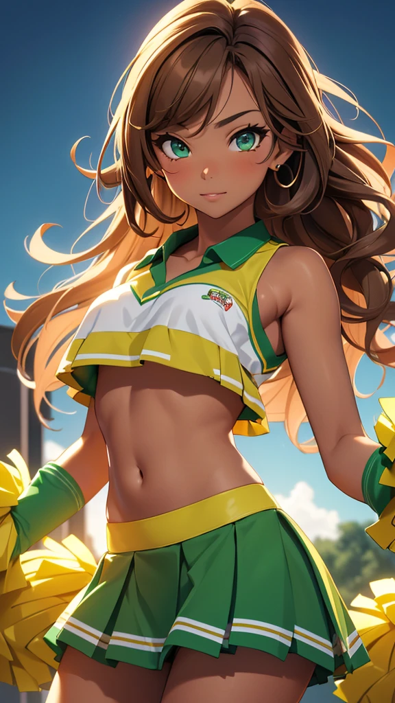 (masterpiece), (4k), )vivid colors), (evening light) 14-year-old diva woman with very tanned skin, green eyes, with wavy brown hair ((wide high collection)) dressed in a ((sexy cheerleader costume, skirt and low-cut top))