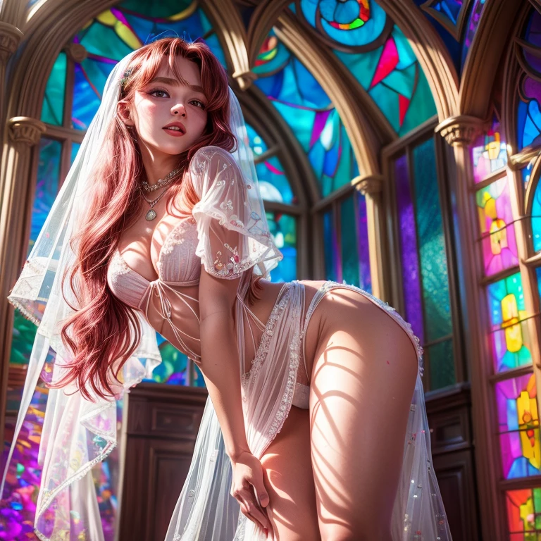 RubyRed, (ZoomedOut:1.28) ZoomLayer, TopQuality 8K masterpiece of ((Professional photo)), (((Lady Clarisse de Cagliostro))) (Detailed Delicate White WeddingDresses), Chain, Extremely detailed (KAWAII face) {(VeiledFace)|BlondeHair|Detailed (Spanking BuleEyes)}, The background is distant ((Elaborate stained glass)) Rainbow Glass, MysticSight, GodRays, Radiant PearlSkin with Transparency, (Exposed:0.32)