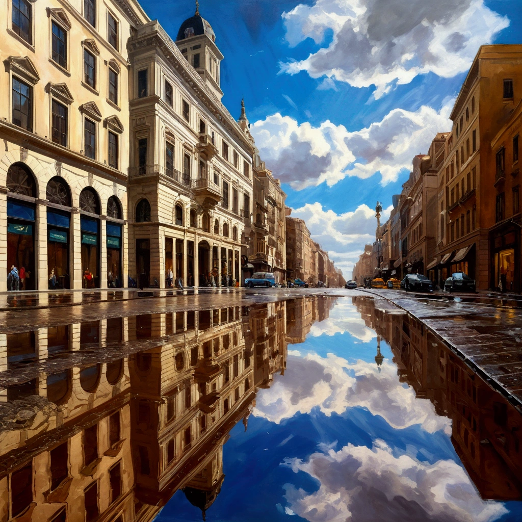 city center on a rainy day puddle of water referred to the fantastic sky. John Singer Sargent style painting works, work of art