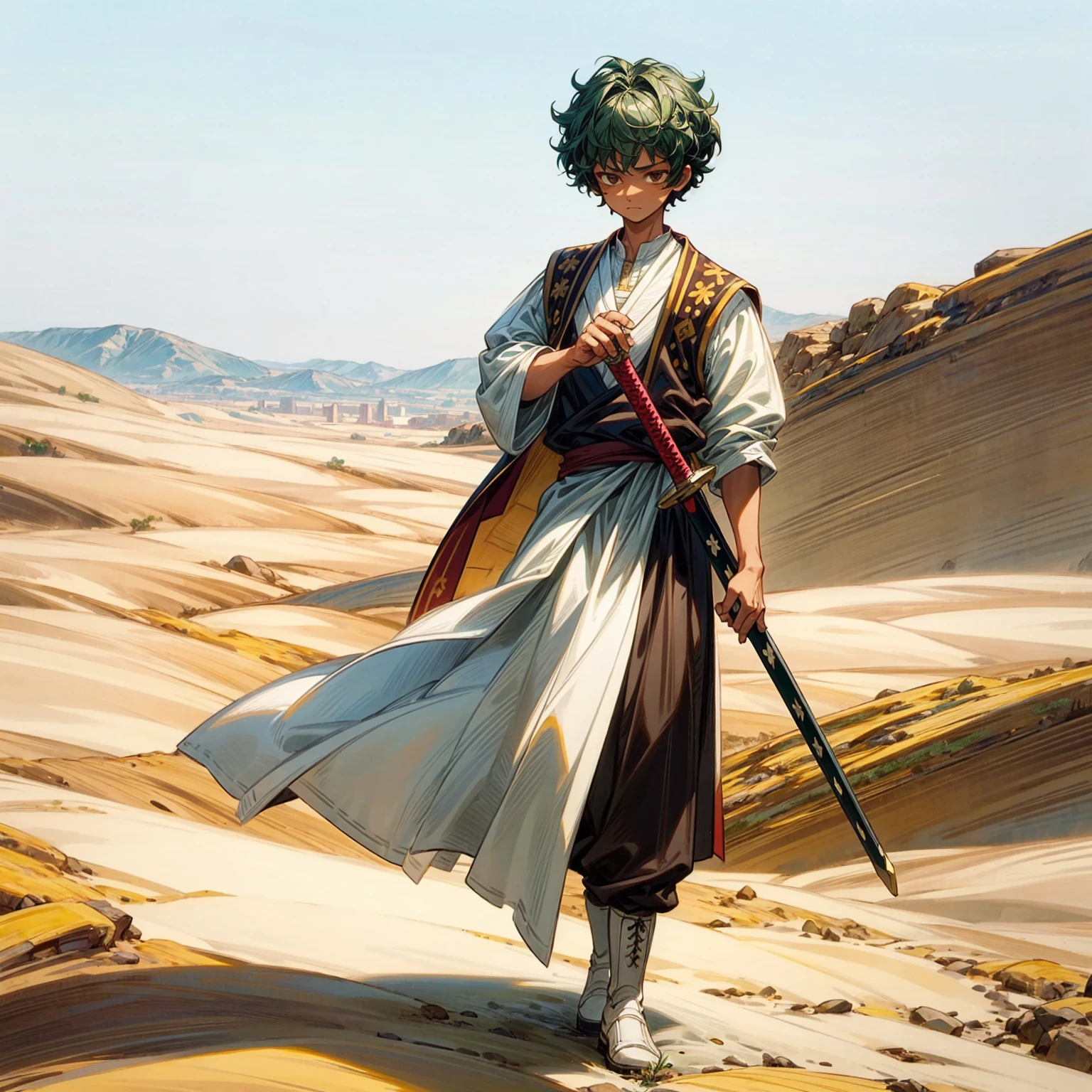 1little boy, Full body version, 1character, brown eyes color, dark skin, Curly cut hairstyle, small eyes type, green colour hair, doctor ancient roman clothing style, white color clothing, white Stola, Ancient roman boots, armor vest, Grassroots background in desert, motion blur, lighting, high angle view, sword in hand