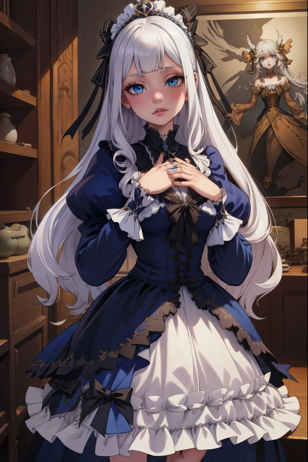 Doll Joints, (extremely detailed CG unity 4k wallpaper),(masterpiece),(best quality),(ultra-detailed),(best illustration),(best shadow),(absurdres),(Detailed background), Doll, Hands clasped, Blue eyes, Long white hair (Hime), Slim, Workshop background, Gothic dress,