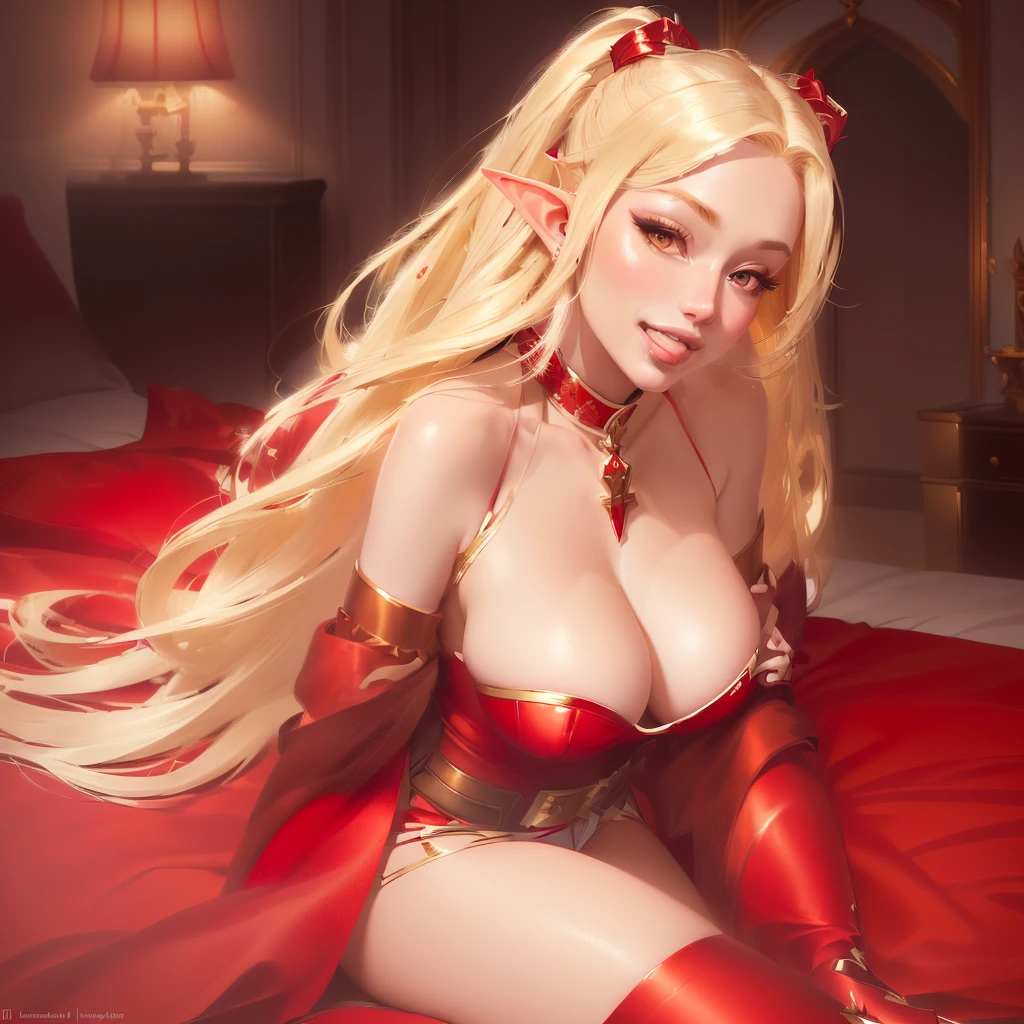 blond haired woman in red dress sitting on bed with red stockings, ig model | artgerm, elf girl, edelgard from fire emblem, trending on cgstation, elf princess, extremely detailed artgerm, elf queen, v from devil may cry as an elf, beautiful succubus, samira from league of legends, alena aenami and artgerm