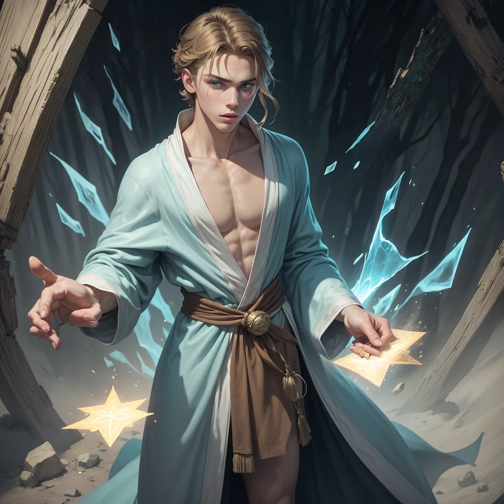age male, human, dry, Triangle shaped face with nose., Austin Butler lips and cheeks. He is 5 feet 9 inches tall., He has blue and green eyes, golden upwards and medium and light brown hair tied in a half ponytail.. Teagan wears a white adventure robe with blue trim.., painting wizard, magic paint brush. Dark misty forest background. A medieval artwork for RPG