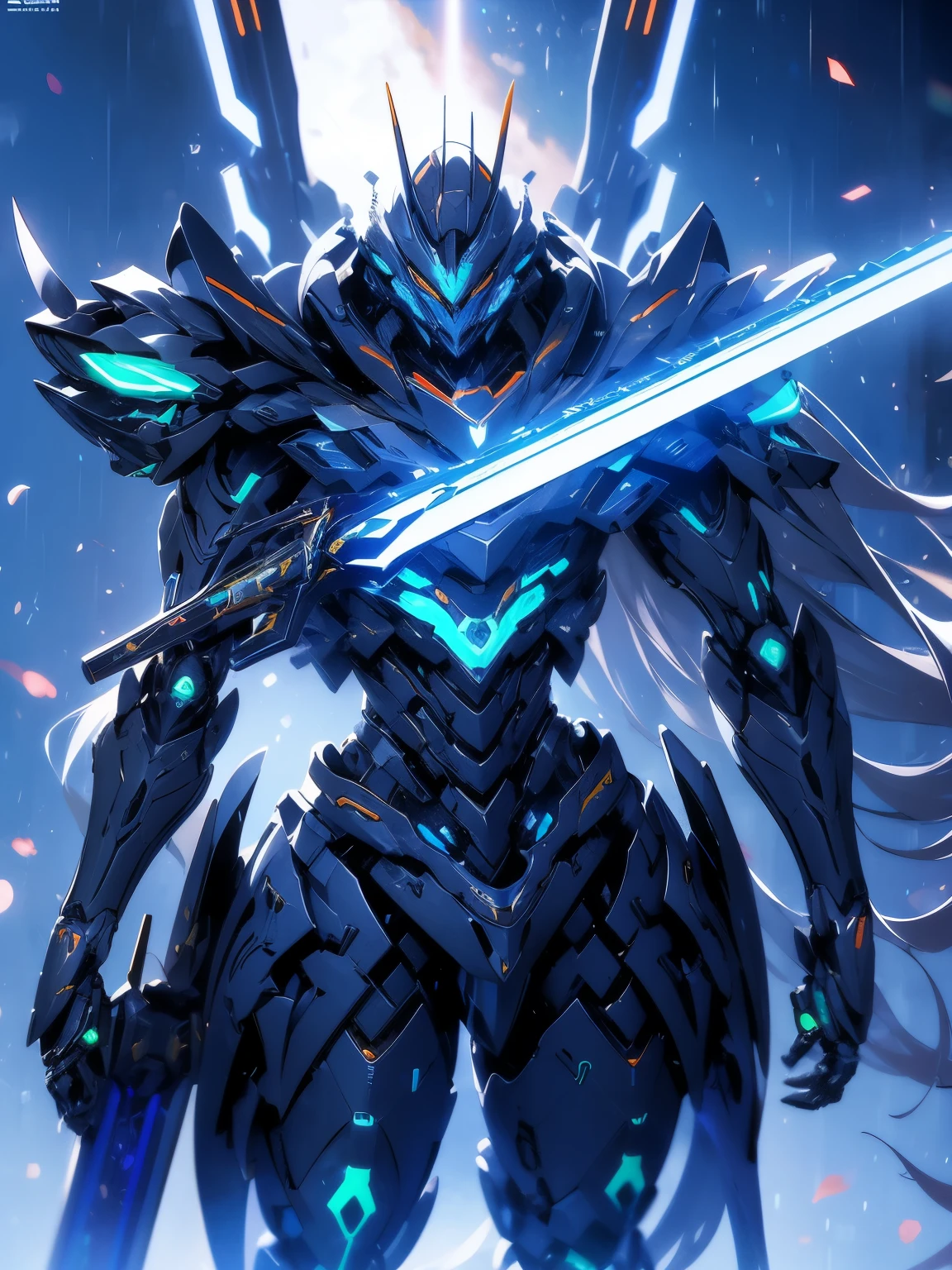 mecha_musume, 1 robot knight, long_hair, science_fiction, weapon, lightsaber, holding_sword, blue_eyes, solo, headdress, holding_weapon, mecha, bust, neon blue livery, angel halo, sad gaze, upper body