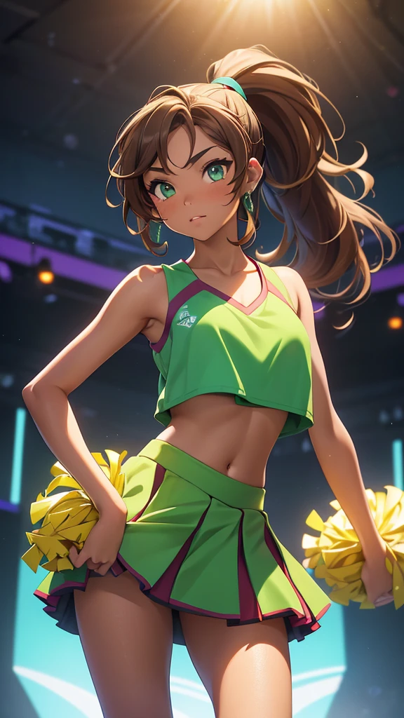 (masterpiece), (4k), )vivid colors), (evening light) 14-year-old diva woman with very tanned skin, green eyes, with wavy brown hair (((big long high ponytail))) dressed in a ((sexy cheerleader costume, skirt and low-cut top))