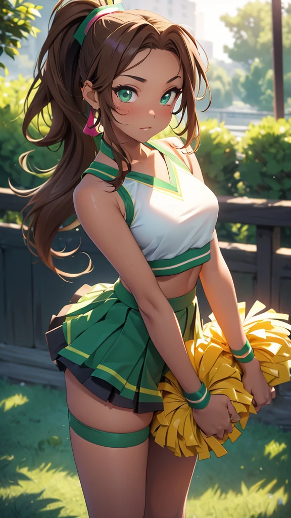 (masterpiece), (4k), )vivid colors), (evening light) 14-year-old diva woman with very tanned skin, green eyes, with wavy brown hair (((big long high ponytail))) dressed in a ((sexy cheerleader costume, skirt and low-cut top))