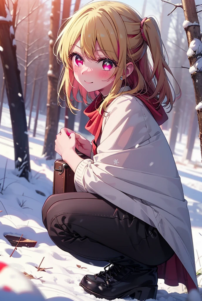 rubyhoshino, Hoshino Ruby, Long Hair, bangs, blonde, (Pink Eyes:1.3), Side Lock, (Symbol-shaped pupil:1.5), Multicolored Hair, Two-tone hair, smile,,smile,blush,white breath,
Open your mouth,snow,Ground bonfire, Outdoor, boots, snowing, From the side, wood, suitcase, Cape, Blurred, , forest, White handbag, nature, Squat, Mouth closed, Cape, winter, Written boundary depth, Black shoes, red Cape break looking at viewer, Upper Body, whole body, break Outdoor, forest, nature, break (masterpiece:1.2), Highest quality, High resolution, unity 8k wallpaper, (shape:0.8), (Beautiful and beautiful eyes:1.6), Highly detailed face, Perfect lighting, Highly detailed CG, (Perfect hands, Perfect Anatomy),