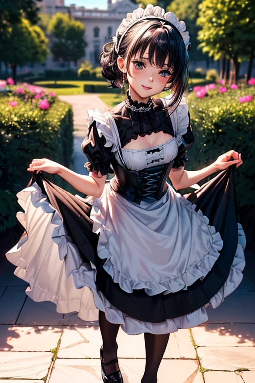 #基本
A girl is posing for a photo, ((One Girl)), (((Baby Face:1.2)) + ((cute:1.3))),
#A girl is posing for a photo, ((One Girl)), (((Baby Face)) + ((cute)) + ),
break
#Clothing Accessories
(((Black and white:1.4)Gothic Lolita styled outfit) : Elegant + (Dirndl) + Gothic Lolita Fashion +k Gothic Lolita + (Black and e)jabot + (black corset) + ((Black and white)Headdress) + (White apron)) + (Black Pantyhose:1.4) + (Black High Heels),
red gem earrings,
break
#Features
((Silver Hair:1.4)), (I can see a beautiful forehead:1.3), (ponytail : A little short hair + Curly hair + Fuller Hair),
(Droopy eyes, blue eyes), (Very small breasts),
break
#background environment
(noon, (The garden of a large Western-style mansion + grass + Sunlit rose garden)),
#Facial Expression Pose
((Smiling loudly, blush), (Confident and elegant appearance, (grassの上に立っている))),
#composition
(To the camera, Diagonal focus, (Full Body Shot)),
break
#Body parts elements
(Slim figure),
(Detailed Hair, Beautiful Hair, Shiny Hair),
(double eyelid, Long eyelashes),
(Expression of fine eyes, Beautiful and delicate eyes, Sparkling eyes, Eye Reflexes, Glitter Eyeliner, Big eyes:1.2),
(Human Ear),
(Beautiful Nose, Thin Nose),
(Glossy Lips, Beautiful Lips, Thick lips, Glossy Lips, Natural Cheeks),
(Detailed face, Symmetrical facial features),
(Detailed skin, Textured skin, Beautiful Skin, Glowing Skin),
break
#Quality Image Quality Common
(((Highest quality)), ((masterpiece)), ((Very detailed))), ((High resolution)), ((16K,1080P)),
(Anatomically correct), (Realistic), (3DCG),
#Quality image illustration
((comics, anime)), CG illustration,