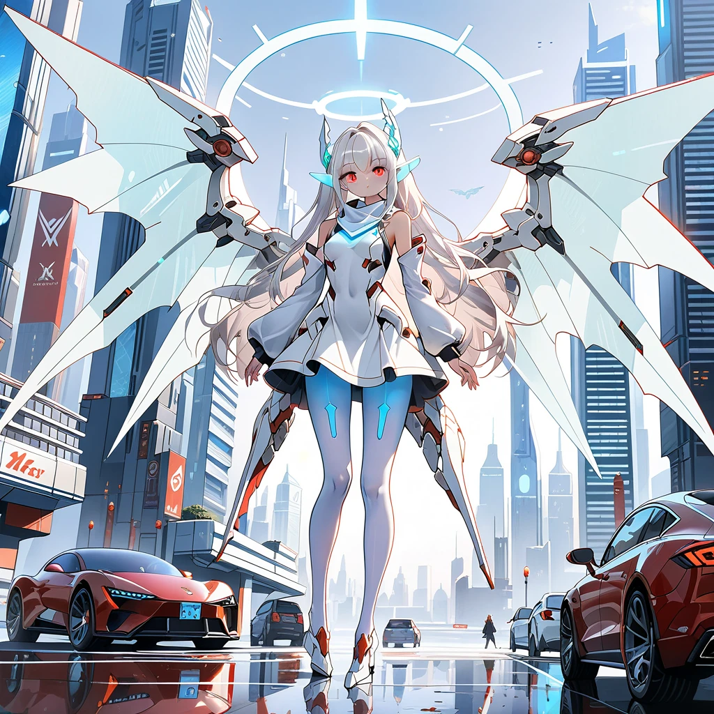 masterpiece, highest quality, highest resolution, clear_image, detailed details, white hair, long hair, 1 girl, car ears, red eyes, futuristic dragon wings (12 wings), futuristic halo, white sci fi mecha dress, white scarf (around the neck withn a light blue glow), white pantyhose, full body, no water marks, city