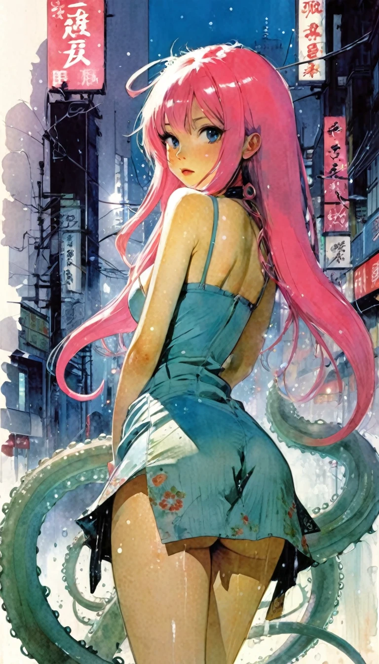y pink long hair girl, mix-fus-of-{{mix-fus-of-quality-and-nsfw-and-illust-and-lold-slender-and-flat-and-light blue dress-and-underwear-and-kafuu chino-and-hands}}-and-{{mix-fus-of-nsfw-and-quality-and-forced orgazm-and-sweat-and-and-tentacle}}-and-{{mix-fus-of-illust-and-view-and-season-and-winter-and-city-and-ruined tokyo}},art inspired by Bill Sienkiewicz