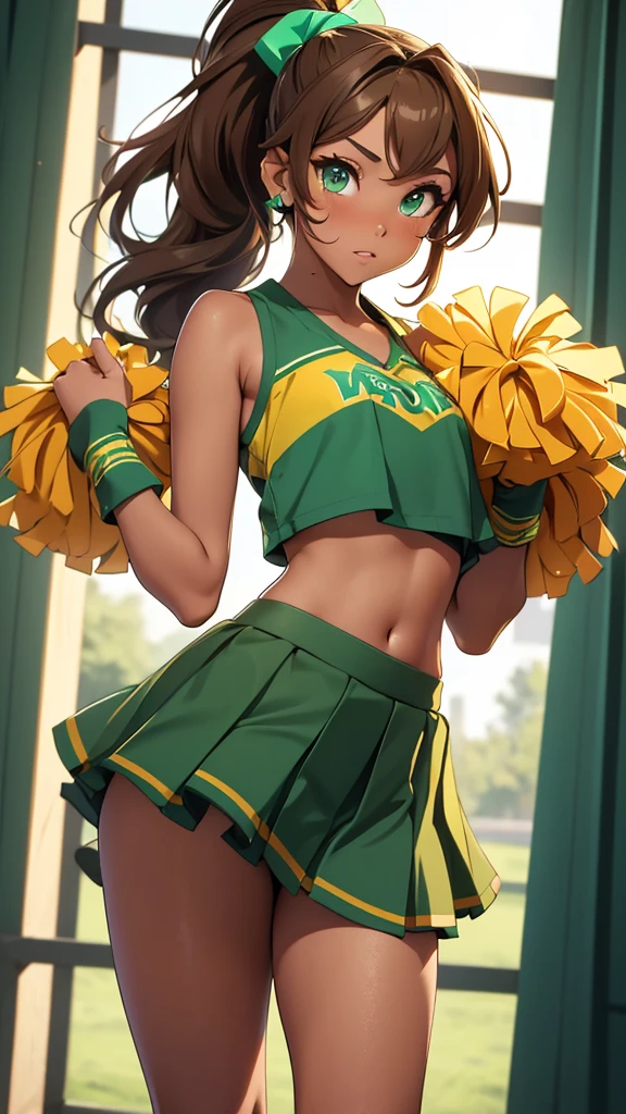 (masterpiece), (4k), )vivid colors), (evening light) 14-year-old diva woman with very tanned skin, green eyes, with wavy brown hair (((big long high ponytail))) dressed in a ((sexy cheerleader costume, skirt and low-cut top))