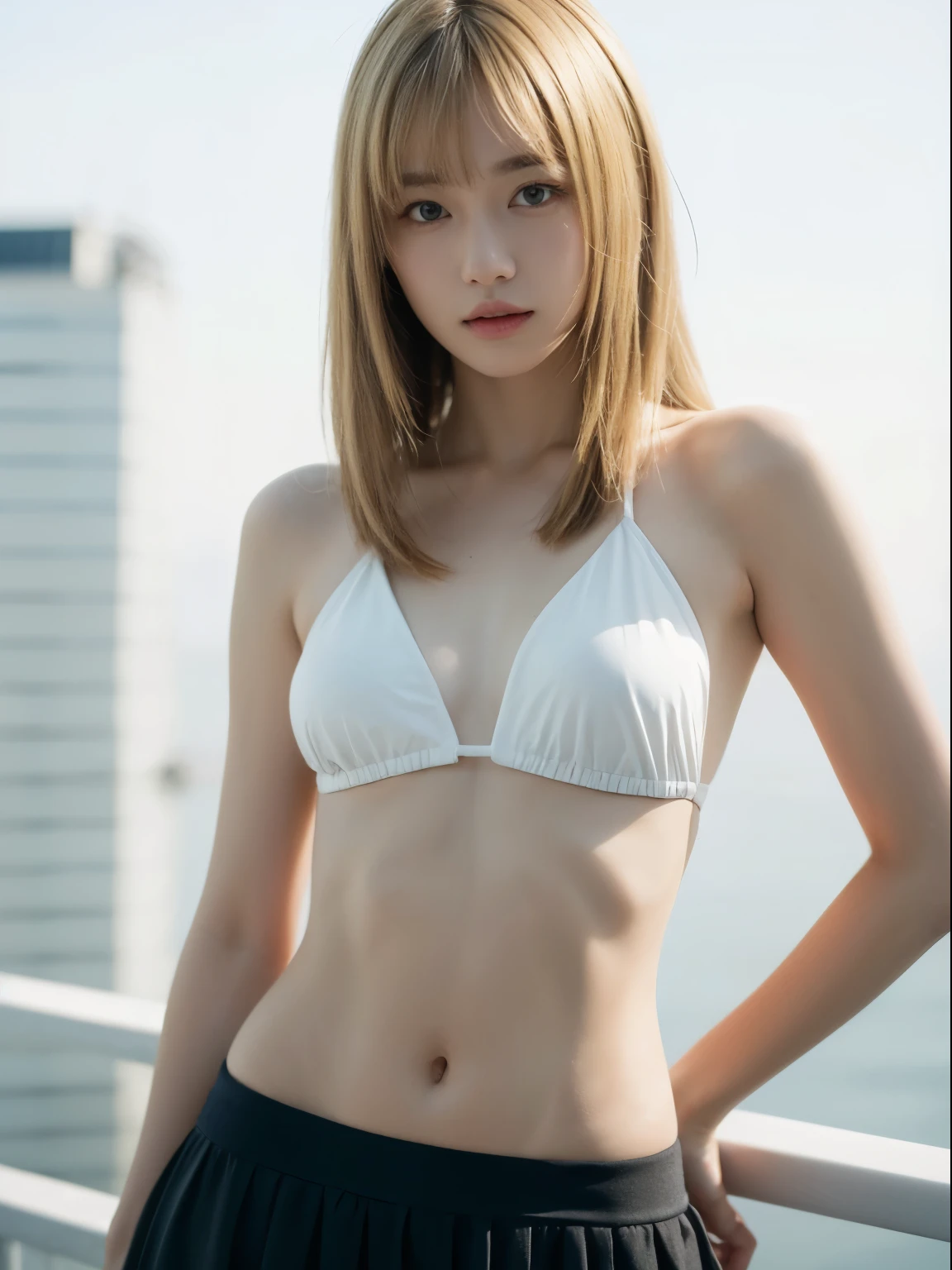 (8k, Top quality, Masterpiece:1.2), (Realistic, photo-realistic:1.37), Super detailed, perfect anatomy, a Japanese, girl, cute, small eyes, 18 years old, blunt bangs, blonde hair, skirt-style-bikini,