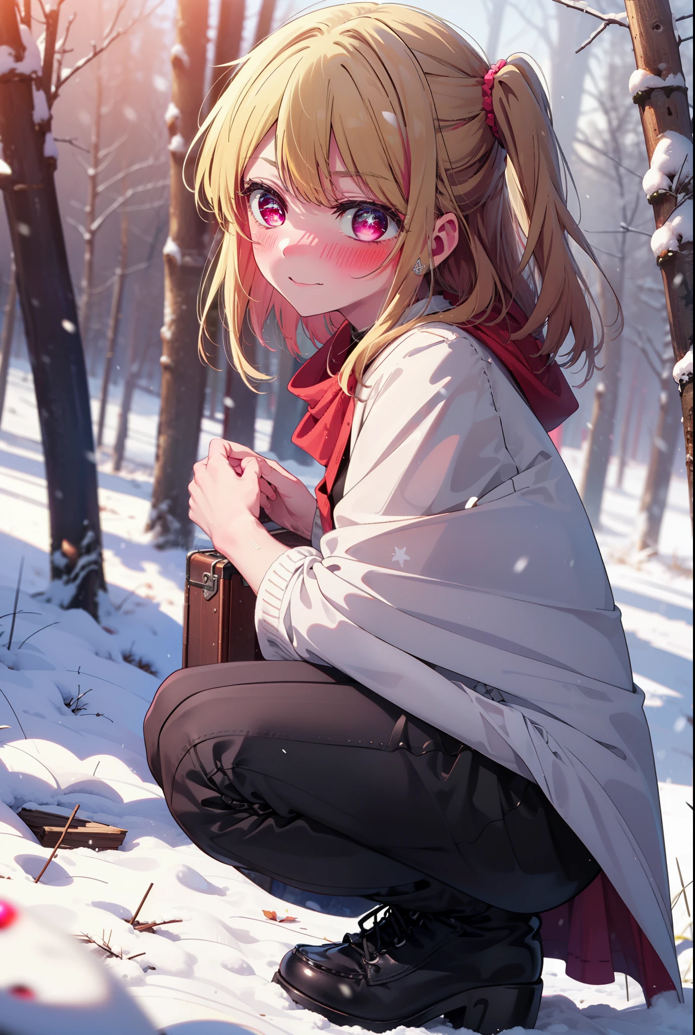 rubyhoshino, Hoshino Ruby, Long Hair, bangs, blonde, (Pink Eyes:1.3), Side Lock, (Symbol-shaped pupil:1.5), Multicolored Hair, Two-tone hair, smile,,smile,blush,white breath,
Open your mouth,snow,Ground bonfire, Outdoor, boots, snowing, From the side, wood, suitcase, Cape, Blurred, , forest, White handbag, nature,  Squat, Mouth closed, Cape, winter, Written boundary depth, Black shoes, red Cape break looking at viewer, Upper Body, whole body, break Outdoor, forest, nature, break (masterpiece:1.2), Highest quality, High resolution, unity 8k wallpaper, (shape:0.8), (Beautiful and beautiful eyes:1.6), Highly detailed face, Perfect lighting, Highly detailed CG, (Perfect hands, Perfect Anatomy),