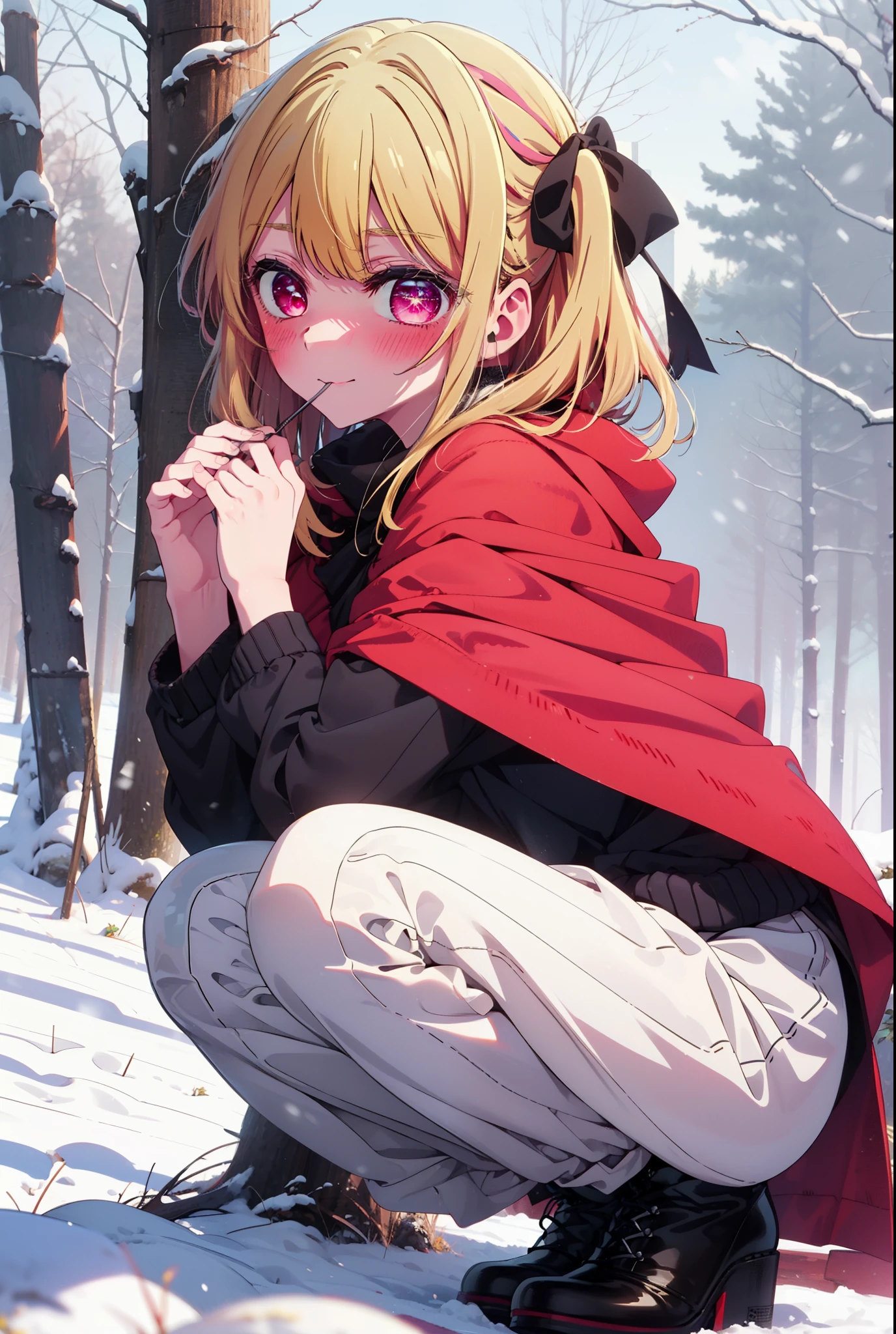 rubyhoshino, Hoshino Ruby, Long Hair, bangs, blonde, (Pink Eyes:1.3), Side Lock, (Symbol-shaped pupil:1.5), Multicolored Hair, Two-tone hair, smile,,smile,blush,white breath,
Open your mouth,snow,Ground bonfire, Outdoor, boots, snowing, From the side, wood, suitcase, Cape, Blurred, , forest, White handbag, nature, Squat, Mouth closed, Cape, winter, Written boundary depth, Black shoes, red Cape break looking at viewer, Upper Body, whole body, break Outdoor, forest, nature, break (masterpiece:1.2), Highest quality, High resolution, unity 8k wallpaper, (shape:0.8), (Beautiful and beautiful eyes:1.6), Highly detailed face, Perfect lighting, Highly detailed CG, (Perfect hands, Perfect Anatomy),