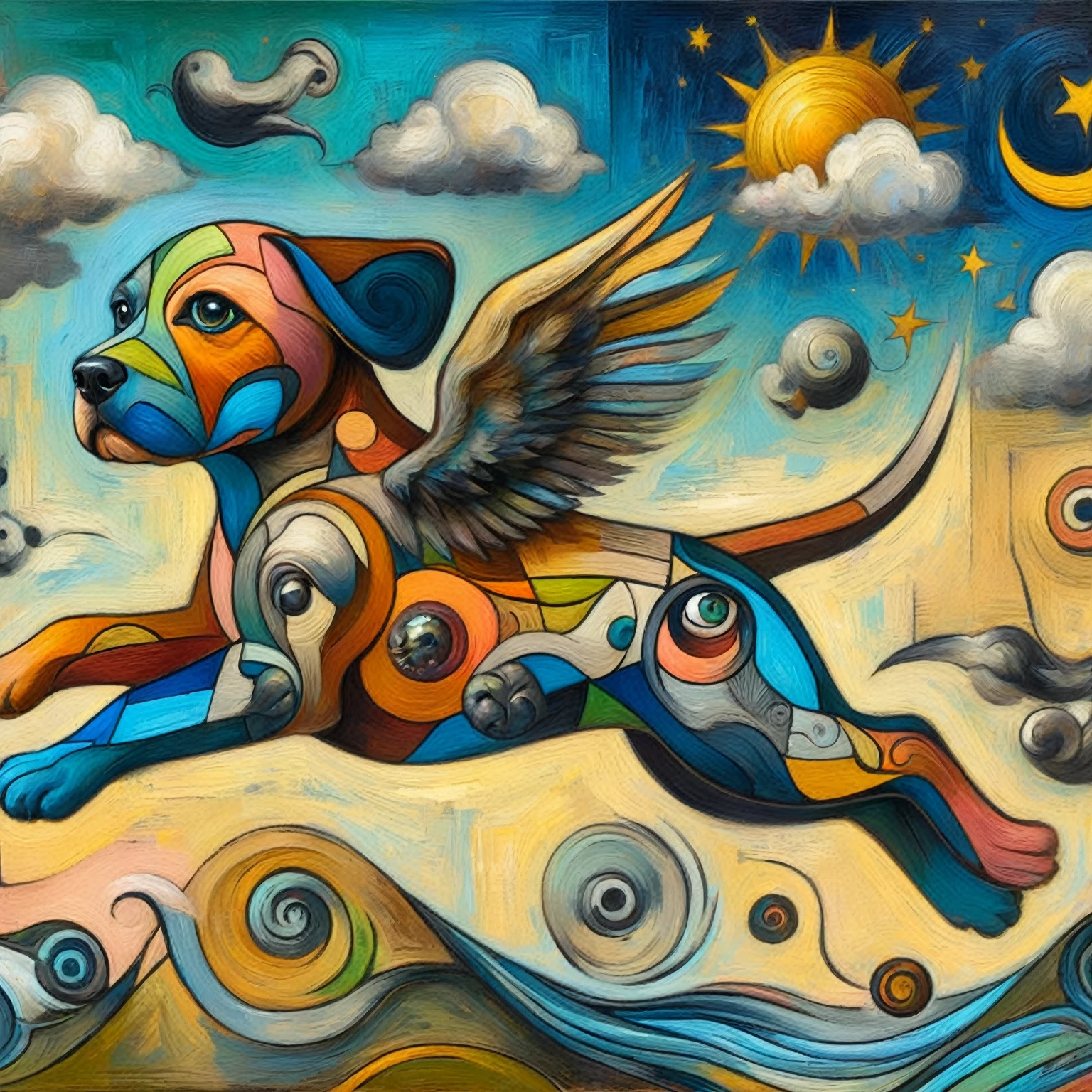 painting of a dog with a colorful design on its body, abstract surrealism masterpiece, by justin gerard, android jones painting, abstract surrealism, dog like a god, psychedelic surreal art, clouds and wings and waves, surreal painting, inspired by Aaron Jasinski, surreal paintingista, whimsical surrealism, surrealism art, Visionary Art, surrealista lowbrow, turbulence