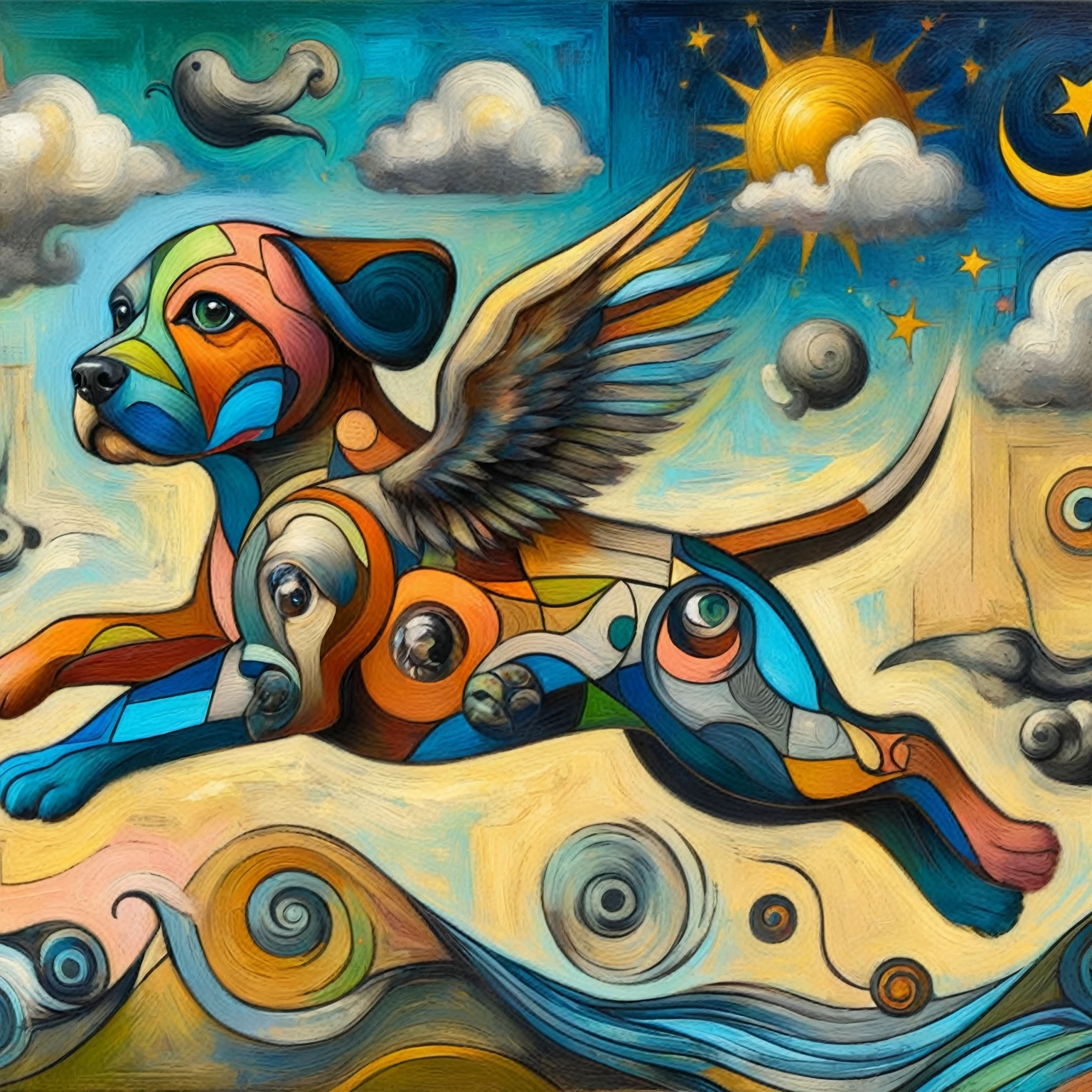 painting of a dog with a colorful design on its body, abstract surrealism masterpiece, by justin gerard, android jones painting, abstract surrealism, dog like a god, psychedelic surreal art, clouds and wings and waves, surreal painting, inspired by Aaron Jasinski, surreal paintingista, whimsical surrealism, surrealism art, Visionary Art, surrealista lowbrow, turbulence