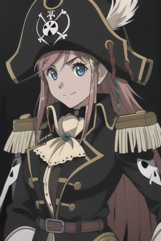 masterpiece, best quality, 1girl, detailed face and eyes, big breasts, Katou Marika, (black pirate costume), belt, (black cargo pants), (black pirate hat), smile, closed mouth